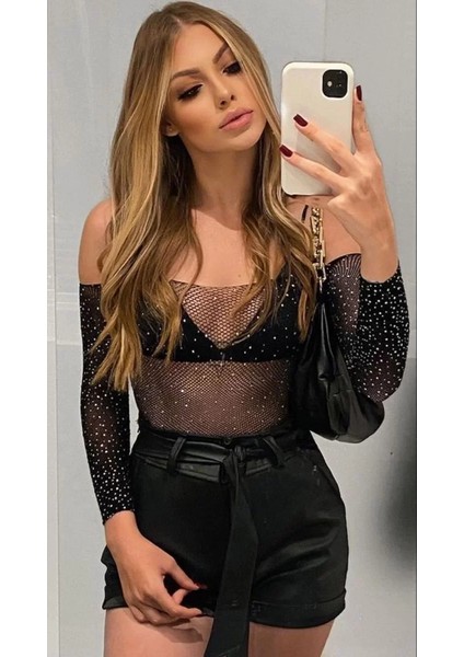 Beatiful Parlak Elmas Taşlı Omuz Detaylı File Kadın Body Bluz fiyatları