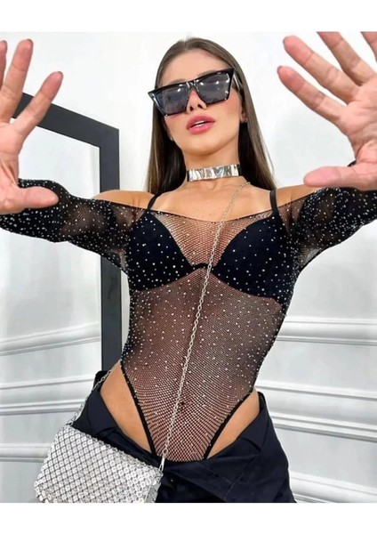 Beatiful Parlak Elmas Taşlı Omuz Detaylı File Kadın Body Bluz fırsatları