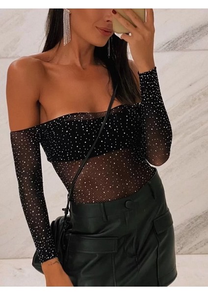 Beatiful Parlak Elmas Taşlı Omuz Detaylı File Kadın Body Bluz indirimleri