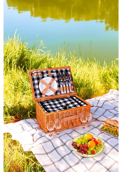 Picno Italy 4 Kişilik Hasır,Siyah Ekose Astarlı Cooler,Aksesuar Sepeti İle Taşınabilir Piknik Sepeti