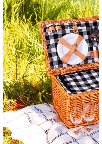 Picno Italy 4 Kişilik Hasır,Siyah Ekose Astarlı Cooler,Aksesuar Sepeti İle Taşınabilir Piknik Sepeti fiyatları