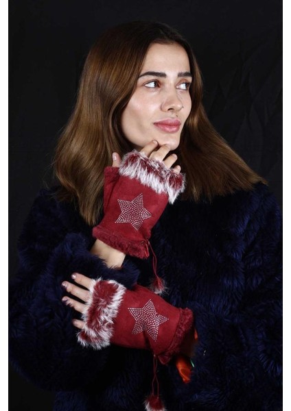 Parmaksız Tasarım Yıldız ve Parıltı Taşlı Kadın Eldiven Ayarlanır