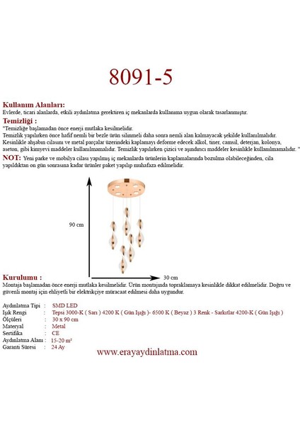 8091-4+1 5li Sarkıt LED Avize(Beyaz Işık -Sarı Işık - Gün Işığı)