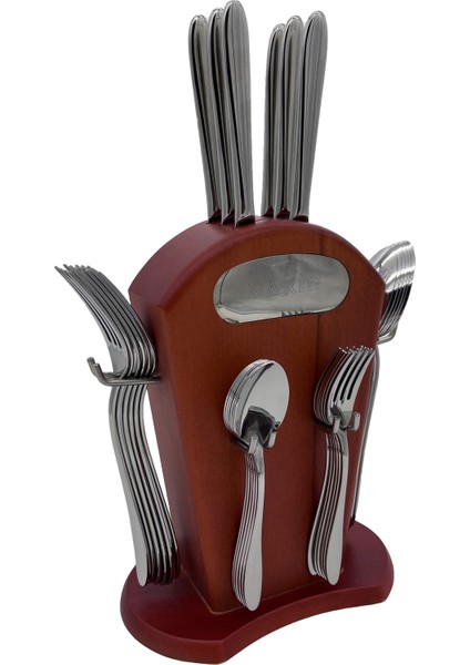 - Star Serisi - Sade - 30 Parça Çatal Kaşık Bıçak Takımı - Ahşap Standlı