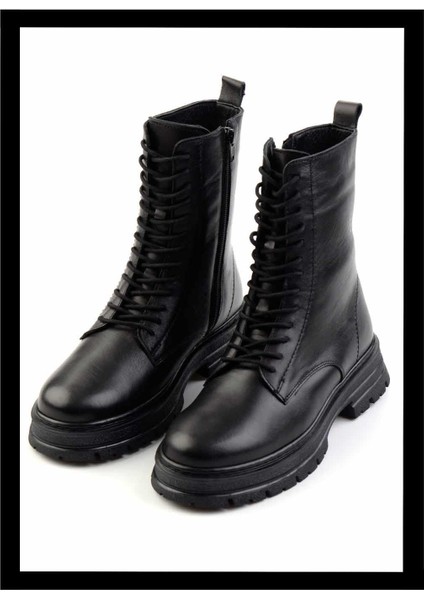 Siyah Deri Kadın Bot & Bootie K02750242903