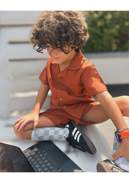 Erkek&kız Çocuk Unisex Yazlık-Sonbahar Keten Gömlek Şort Takım