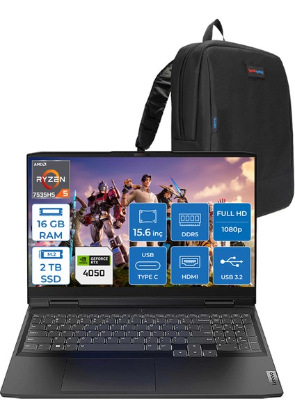 Ideapad Gaming 3 15ARH7 Ryzen 5 7535HS 16GB Ddr5 2tb SSD 6GB/RTX4050 (85W) Freedos IPS 120Hz 15.6" Fhd Taşınabilir Bilgisayar 882SB00PDTXF02 + Zettaçanta