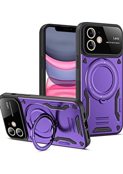 iPhone 11 Kılıf Lens Korumalı Standlı Tasarım Korumalı Silikon Kapak - Mor