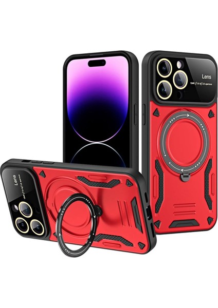 iPhone 16 Pro Kılıf Lens Korumalı Standlı Tasarım Korumalı Silikon Kapak - Kırmızı
