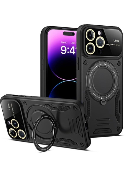 iPhone 16 Pro Kılıf Lens Korumalı Standlı Tasarım Korumalı Silikon Kapak - Siyah