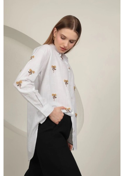 Kadın Keten Kumaş Uzun Kollu Boncuk Işlemeli Nakışlı Salaş Gömlek Basen Boy fiyatları