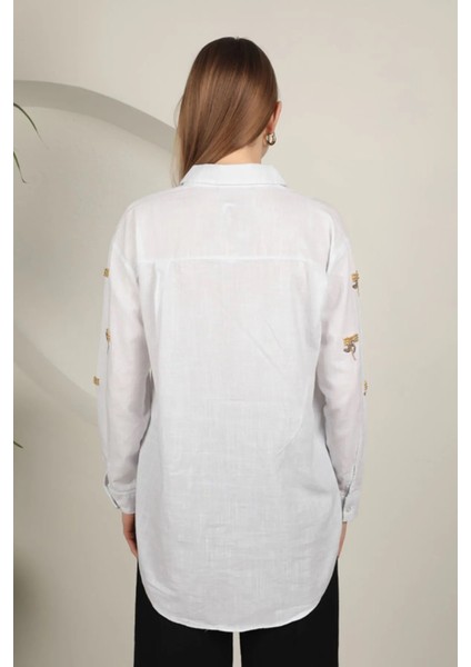 Kadın Keten Kumaş Uzun Kollu Boncuk Işlemeli Nakışlı Salaş Gömlek Basen Boy modelleri