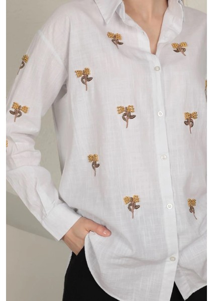 Kadın Keten Kumaş Uzun Kollu Boncuk Işlemeli Nakışlı Salaş Gömlek Basen Boy fırsatları