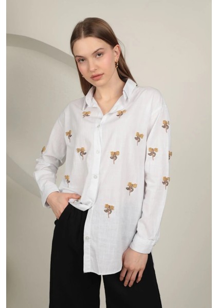 Kadın Keten Kumaş Uzun Kollu Boncuk Işlemeli Nakışlı Salaş Gömlek Basen Boy indirimleri