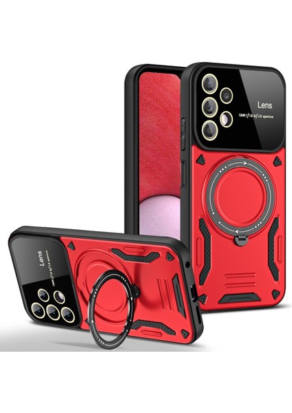 Samsung Galaxy A32 Kılıf Lens Korumalı Standlı Tasarım Korumalı Silikon Kapak - Kırmızı