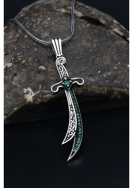 Gümüş Hz. Ali ( Zülfikar Kılıcı ) Yeşil Zirkon Taş Süslemeli Erkek Kolye Zincir 925 Ayar Gümüş 901133