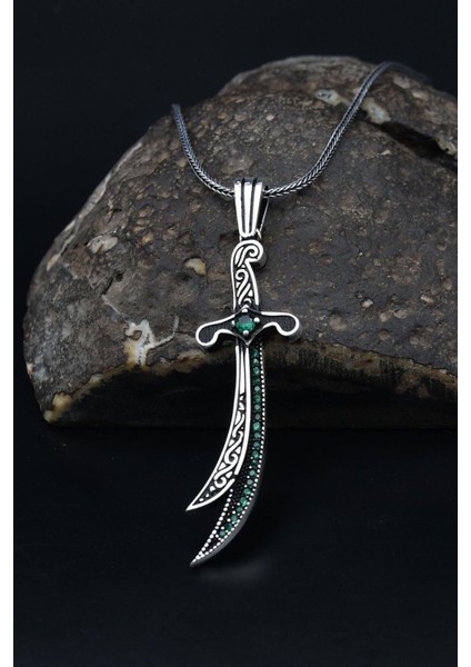 Gümüş Hz. Ali ( Zülfikar Kılıcı ) Yeşil Zirkon Taş Süslemeli Erkek Kolye Zincir 925 Ayar Gümüş 901133 fiyatları