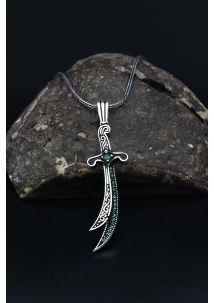 Gümüş Hz. Ali ( Zülfikar Kılıcı ) Yeşil Zirkon Taş Süslemeli Erkek Kolye Zincir 925 Ayar Gümüş 901133 modelleri