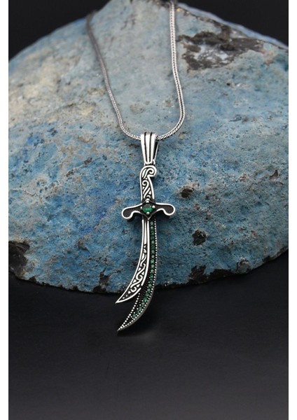 Gümüş Hz. Ali ( Zülfikar Kılıcı ) Yeşil Zirkon Taş Süslemeli Erkek Kolye Zincir 925 Ayar Gümüş 901133 indirimleri