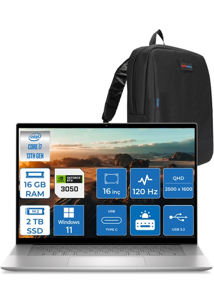 Inspiron 16 7630 Intel Core I7 13700H 16GB Lpddr5 2tb SSD 6GB/RTX3050/70W 16" Qhd+ 120Hz 2.5k Windows 11 Pro D76303002WP02 + Zettaçanta