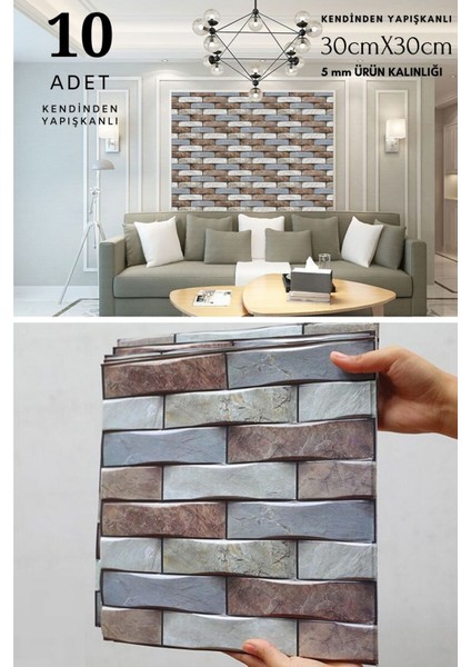 10ADET 30 x 30 cm 3D Kendinden Yapışkanlı Duvar Kaplama Su Geçirmez Dekorasyon Mutfak Banyo
