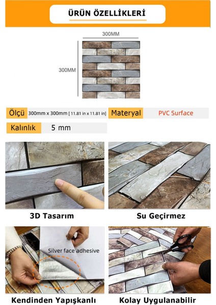 10ADET 30 x 30 cm 3D Kendinden Yapışkanlı Duvar Kaplama Su Geçirmez Dekorasyon Mutfak Banyo