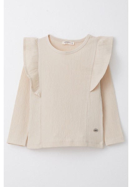 Kız Çocuk Uzun Kollu Tişört Fırfırlı Armalı 3-7 Yaş, Bej