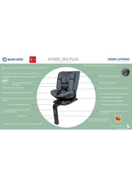 Spinel 360 Plus i-Size Dijital Göstergeli Dönebilen Yatabilen Isofix'li 0-36 kg Oto Koltuğu Authentic Black