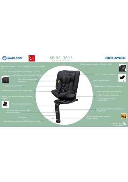 Spinel 360 S i-Size Dönebilen Yatabilen Isofix'li 0-36 kg Oto Koltuğu Authentic Graphite