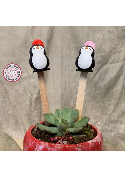 El Yapımı 2'li Sevimli Penguenler Saksı Süsü - 21 cm