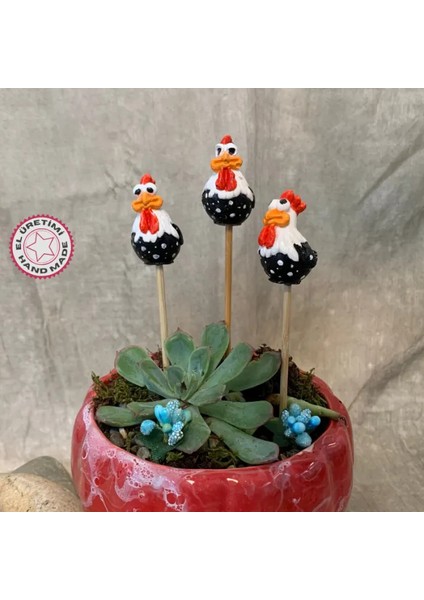 El Yapımı 3'lü Sevimli Tavuk Saksı Süsü - 16 cm