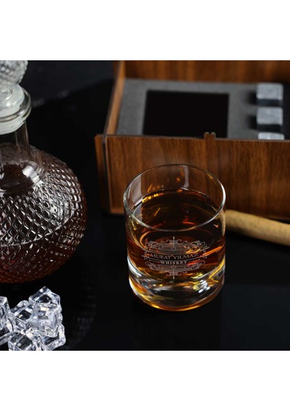 Ahşap Kutulu Vintage Tasarımlı İsim & Mesaj Yazılı Taşlı Viski Kadehi Seti