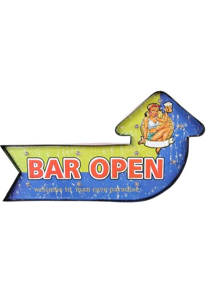 Bar Open Temalı Ledli Bar Tabelası Pano Vintage LED Ampülü