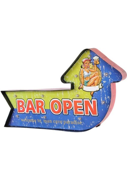 Bar Open Temalı Ledli Bar Tabelası Pano Vintage LED Ampülü