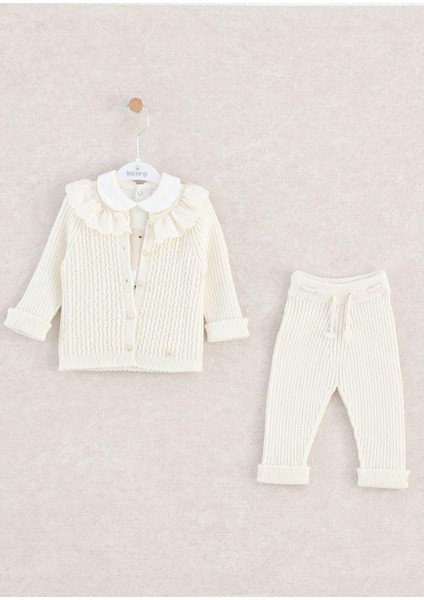 Kışlık 3'lü Kız Bebek Takımı - Hırka, Pantolon ve Fırfırlı Bebe Yaka Body
