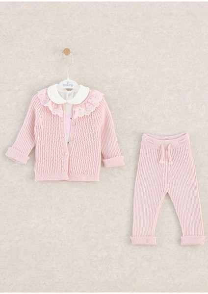 Kışlık 3'lü Kız Bebek Takımı - Hırka, Pantolon ve Fırfırlı Bebe Yaka Body