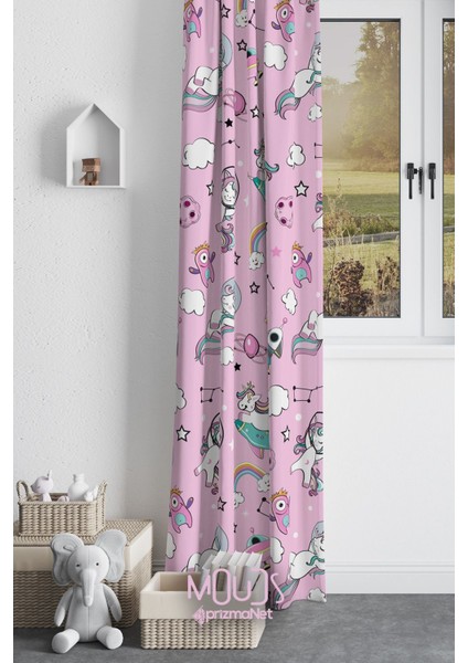 Pembe Unicorn Desenli Fon Perde Çocuk ve Bebek Odası Süet Dijital Baskılı Ekstrafor Büzgü Tek Kanat