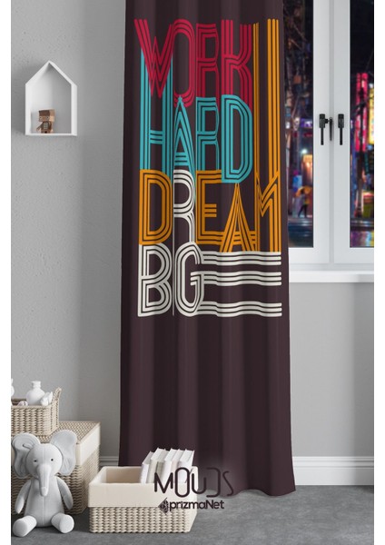 Big Dream Desenli Fon Perde Oturma Odası Süet Dijital Baskılı Ekstrafor Büzgü Tek Kanat