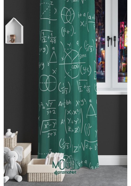 Matematik Desenli Fon Perde Genç Odası Oturma Odası Süet Dijital Baskılı Ekstrafor Büzgü Tek Kanat