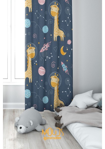 Uzaylı Zürafa Desenli Fon Perde Çocuk ve Bebek Odası Süet Dijital Baskılı Ekstrafor Büzgü Tek Kanat fiyatları