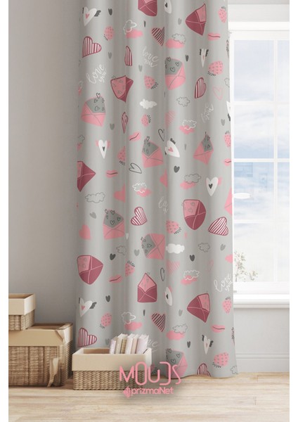 Kalp ve Zarf Desenli Fon Perde Çocuk ve Bebek Odası Süet Dijital Baskılı Ekstrafor Büzgü Tek Kanat