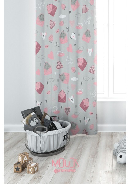 Kalp ve Zarf Desenli Fon Perde Çocuk ve Bebek Odası Süet Dijital Baskılı Ekstrafor Büzgü Tek Kanat modelleri