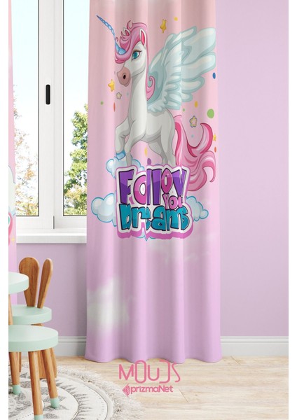 Rüya Unicorn Desenli Fon Perde Çocuk ve Bebek Odası Süet Dijital Baskı Ekstrafor Büzgü Tek Kanat