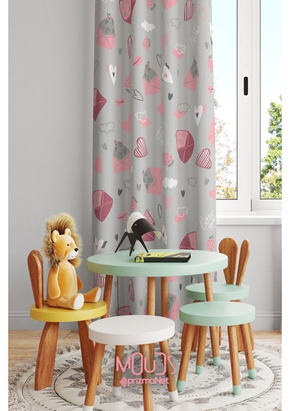 Kalp ve Zarf Desenli Fon Perde Çocuk ve Bebek Odası Süet Dijital Baskılı Ekstrafor Büzgü Tek Kanat fiyatları