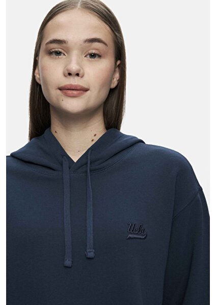 Weber Lacivert Bisiklet Yaka Nakışlı Oversize Kadın Sweatshirt