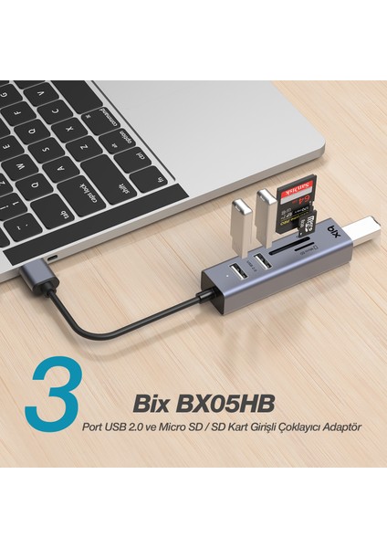 BX05HB 4in1 USB Hub Micro SD / SD Kart Giriş, 2x USB 2.0 Port Windows Uyumlu Çoklayıcı Adaptör