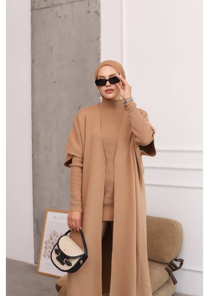 Kadın Camel Tesettür Üçlü Triko Takım NMS021