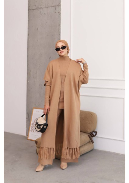 Kadın Camel Tesettür Üçlü Triko Takım NMS021