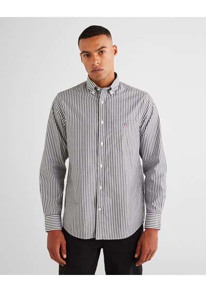 Erkek Mavi Regular Fit Düğmeli Yaka Çizgili Gömlek 3000130.436