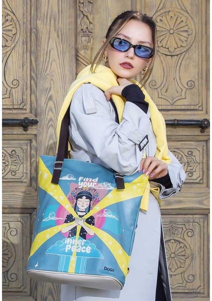 Kadın Vegan Deri Mavi Omuz Çantası - Find Your Inner Peace Tasarım